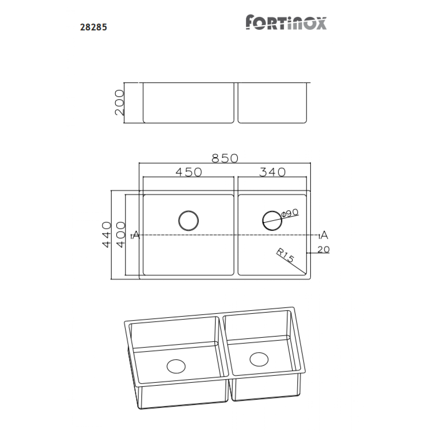 Νεροχύτης υποκ/νος Squadro Fortinox Inox 85x44